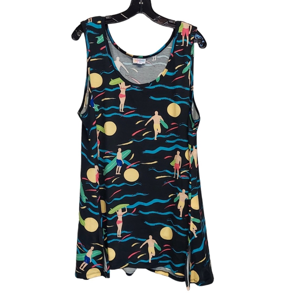 LuLaRoe Black Multicolor Hawaiian Surfer Sleeveless Tank Tunic Top Womens sz  2X